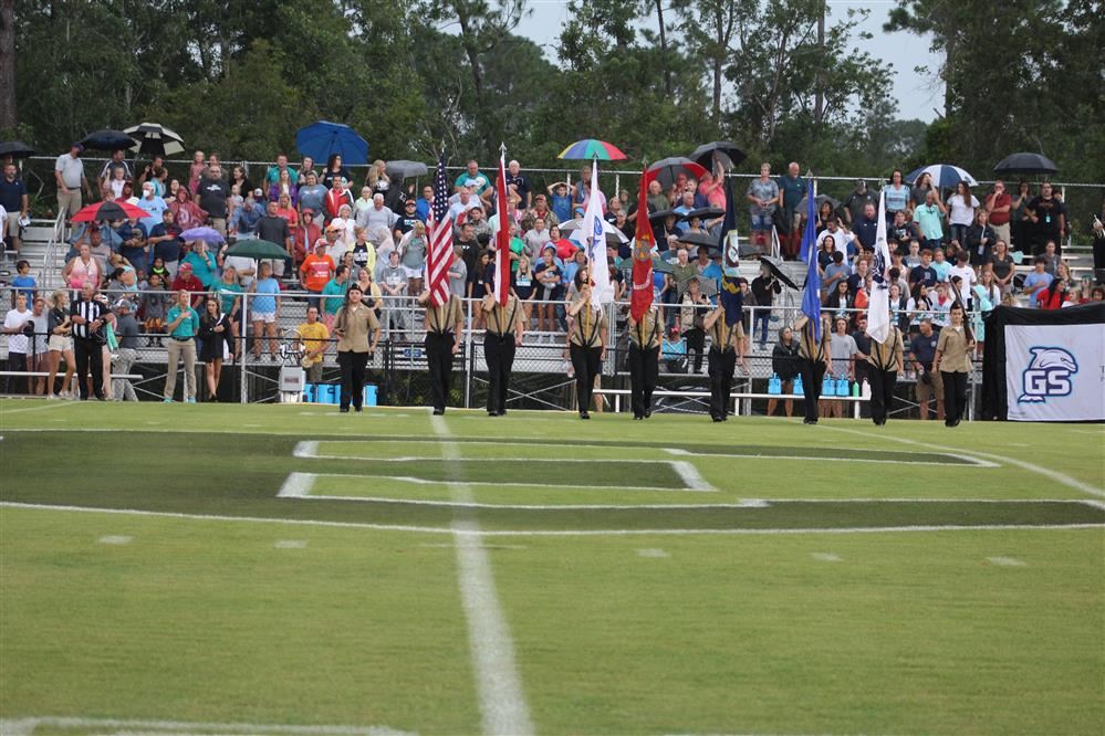 Elberta Company Color Guard lead by Cadet CPO Brianna Doege during the Elberta vs Gulf Shores football game on 20 August.